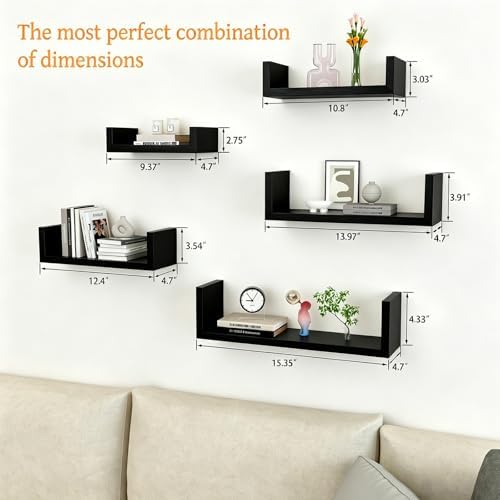 Black Floating Shelves for Wall, Waterproof Solid Wood - Image 3