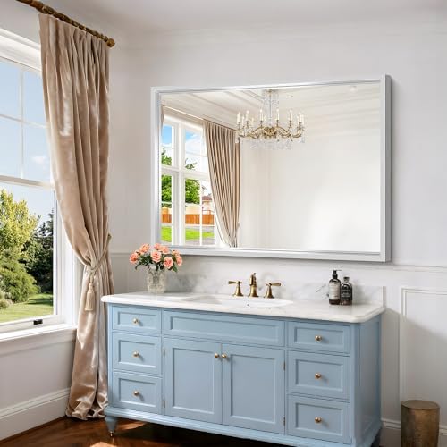 48 x 36 inch Brushed Silver Bathroom Mirror, Metal Framed Large Rectangle Mirror - Image 4