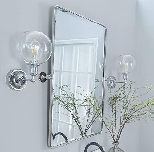 Farmhouse Pivot Rectangle Bathroom Mirror Chrome Metal Framed Tilting Beveled by TEHOME