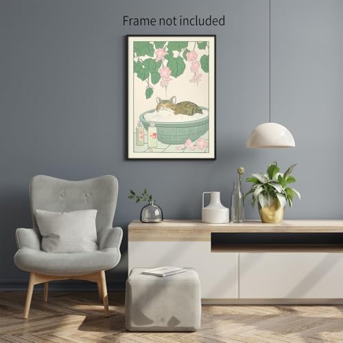 enttgo Tabby Cat In Bathtub Prints Rustic Neutral Japanese Canvas Wall Art Cute - Image 4