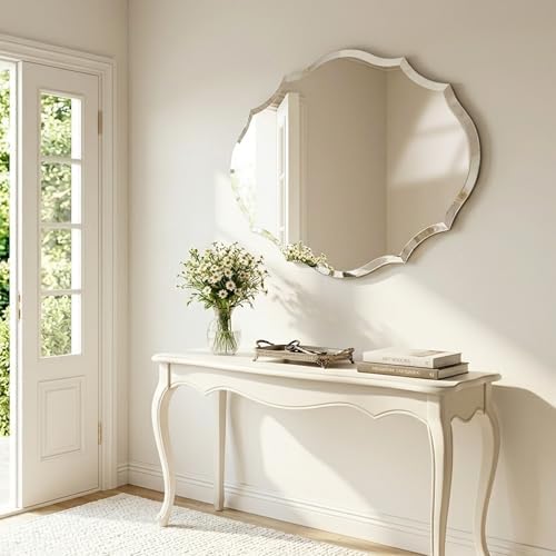 22" x 28" Frameless Scalloped Wall Mirror, Beveled Edge Bathroom Vanity Mirror - Image 7