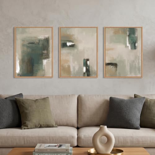 Abstract Green Brown Framed Canvas Wall Art, Modern Brush Stoke Wall Decor by Unknown