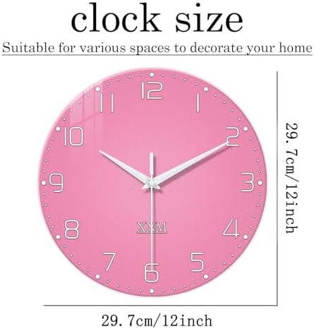 XNM Round Glass Pink Wall Clocks Battery Operated 12 Inch - Image 3