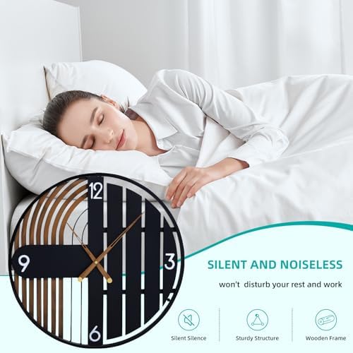 20 Inch Round Wall Clock Wood Silent Non-Ticking Battery Operated - Image 4