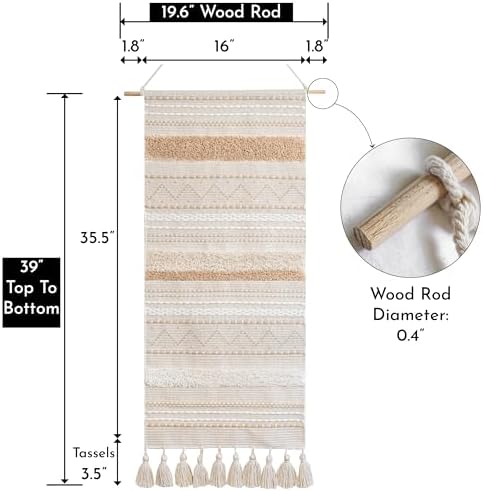 BlissBlush Long Vertical Wall Hanging Tapestry Woven Boho Farmhouse Decor Cream - Image 5