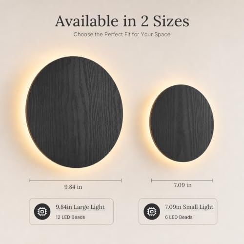 BIMO Round Black Wood Grain Wall Sconce, Modern LED Wall Lights - Image 2