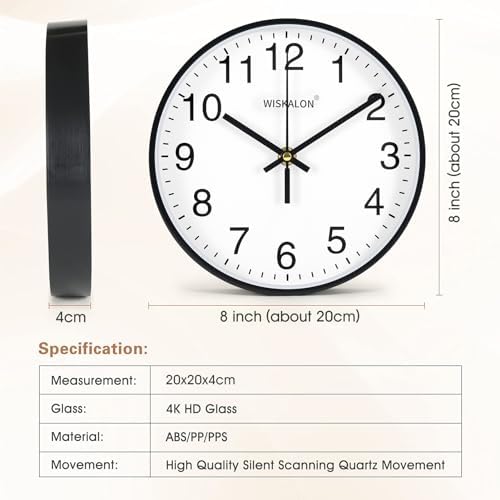 WISKALON 8in Silent Wall Clock Black Frame Elegant Glass Battery Operated - Image 3