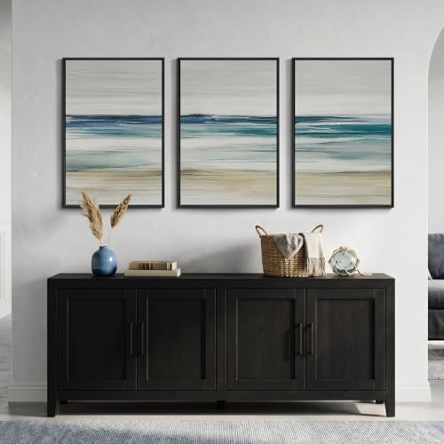 Framed Blue Abstract Coastal Ocean Large Wall Art - Image 4