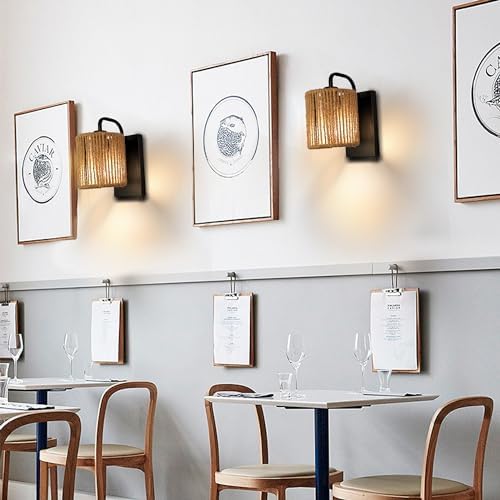 Boho Wall Sconce Rattan Wall Light Fixtures Hemp Rope Sconces - Image 5