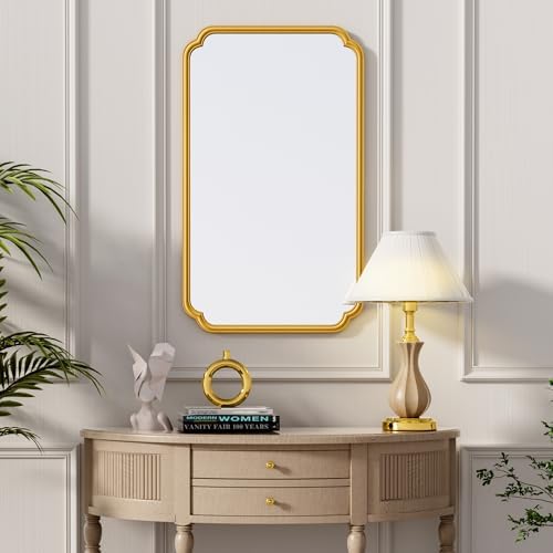 Ferytange 26"x40" Rustproof Bathroom Mirror Gold, Round Corner Metal Frame Wall - Image 3