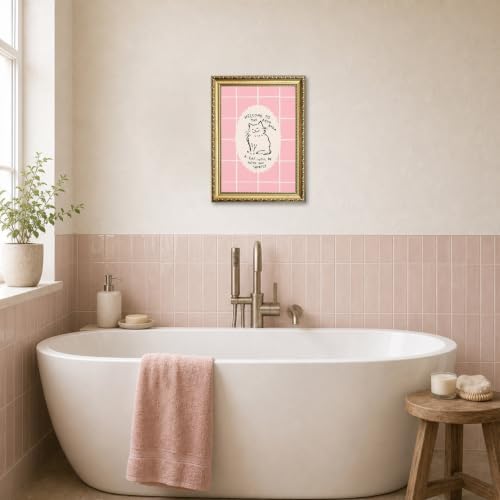Cute Pink Bathroom Cat Wall Art Welcome to the Bathroom Sign Trendy Animal - Image 4