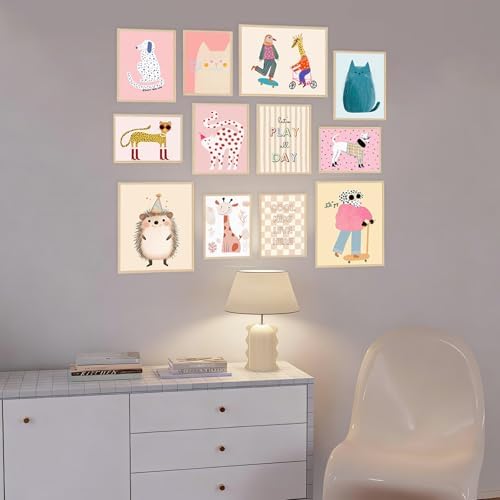 Aroutde 12Pcs Pink Kids Canvas Wall Art, Cartoon Animals Playroom Wall Decor - Image 6