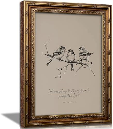 Vintage Gold Framed Christian Bird Wall art, Bible Verse Sketch Canvas Print by JPDSIIPXZwallart