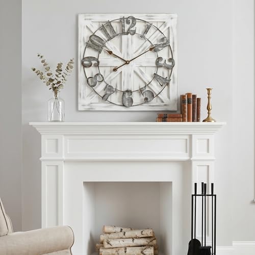 24 Inch Large Farmhouse Wall Clock, Rustic White Distressed Wood Frame - Image 7