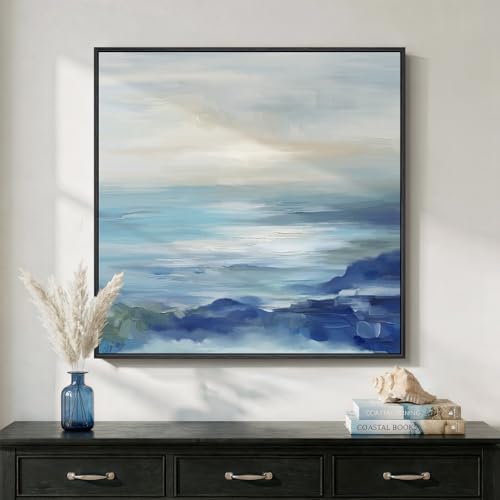 Framed Blue Abstract Wall Art Decor, Square Coastal Canvas Print, 24x24 In by Cuspin