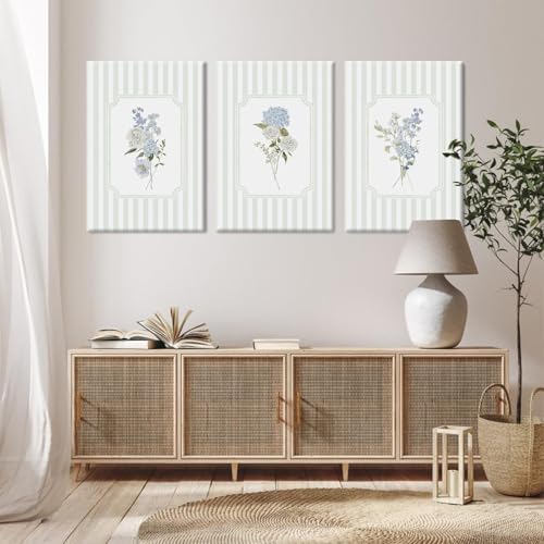 Blue Hydrangea Wall Art Floral Canvas Prints Sage Green Striped Wall Decor - Image 4