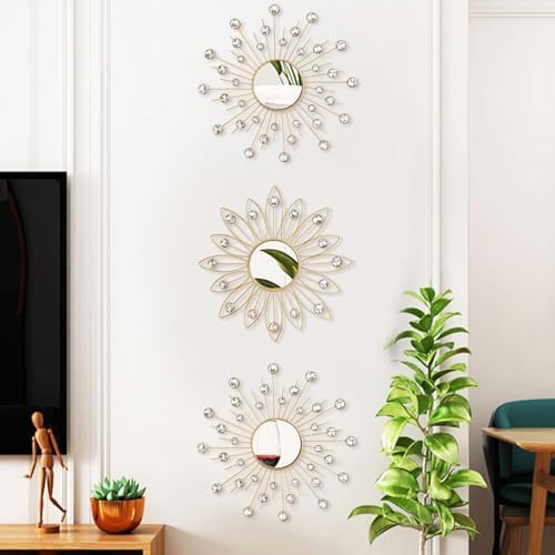 Uaussi 3 Pack Crystal Sunburst Wall Mirror Décor Rhinestone Mirrors Decorative - Image 7