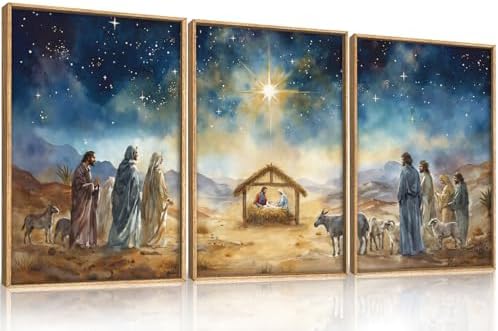 LHIUEM Large Bible Christian Religious Framed Canvas Wall Art Set, Birth of by LHIUEM