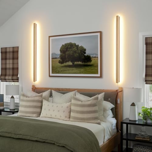 Modern Plug in Long Wall Sconce, 39.3" Faux Wood Texture Finish LED Wall Lights - Image 6