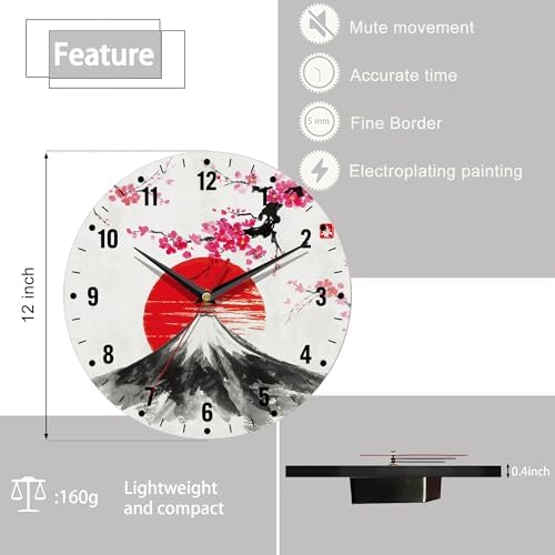 SPUNKER Clock for Bedroom, Japan Cherry Blossoms Kitchen Wall Clock, Sun Mt. - Image 2