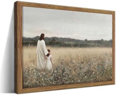 Framed Christian Wall Art Jesus and Girl, Vintage Flower landscape Jesus Wall by MJONGwallart