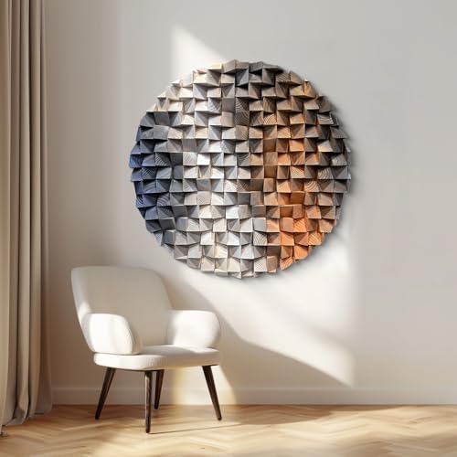 LIUZEYUE Round Wood Wall Art, Split-Tone Cube Mosaic, Modern Wood Accent by Unknown
