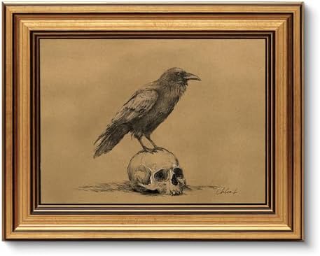 VIYYIEA Gold Framed Gothic Wall Art, Raven Skull Sketch, 12x16 Inch by VIYYIEAART