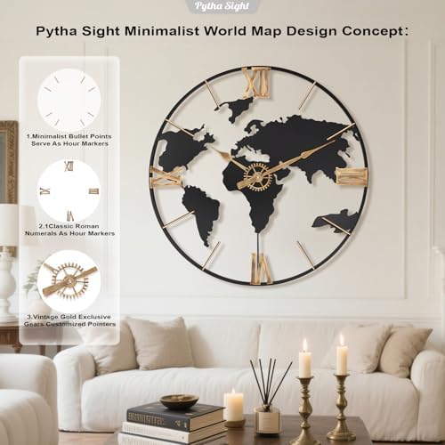 Pytha Sight 24 Inch Large World Map Vintage Gold Roman Numerals Wall Clock - Image 3