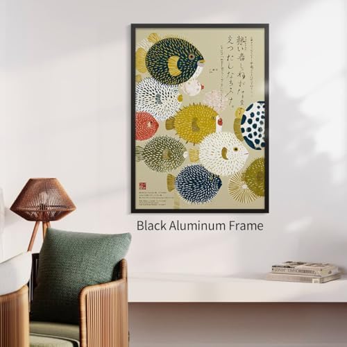 Black Framed Japanese Canvas Wall Art Vintage Puffer Fish Prints Posters - Image 5