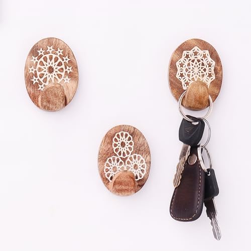Indian Shelf 3 Boho Wood Adhesive Wall Hooks, 6 lb Hangers by IndianShelf