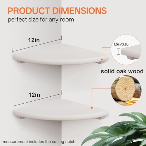 Floating Corner Shelves Set 2 12inch White Solid Oak Rounded Corner Shelves - Image 3