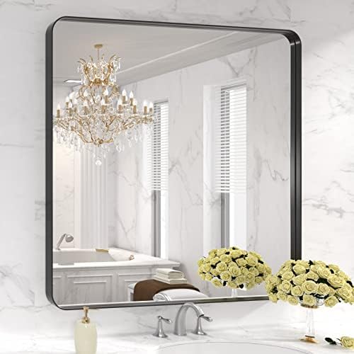 LOAAO 36X36 Inch Black Bathroom Mirror Metal Framed by LOAAO