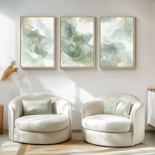 Large Framed Sage Green Gold Abstract Wall Art, 3 Piece Set, Each 20x30 In - Image 2