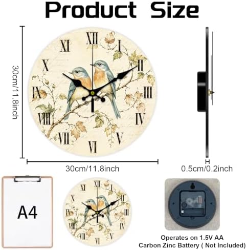 Vintage Birds Wall Clock Silent Non-Ticking 12" - Image 2