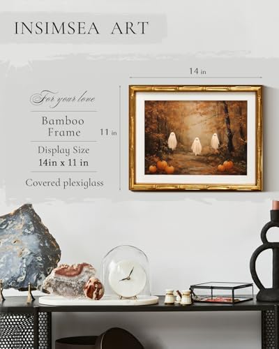InSimSea Gold Bamboo Framed Fall Wall Art, Autumn Halloween Ghosts - Image 3