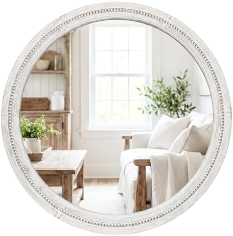 Solid Wood 30 Inch Round Beaded Bathroom Mirror, Distressed White by Pocetry