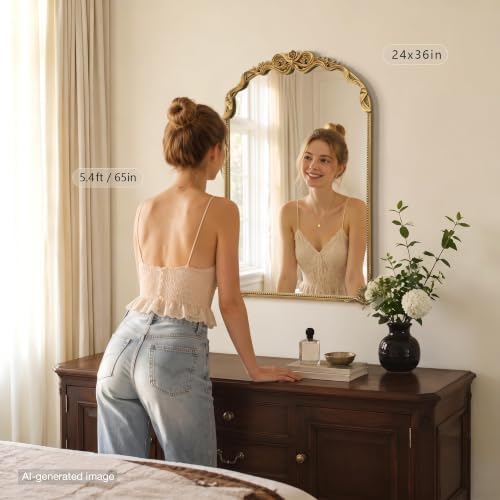 Besdomus Large Vintage Gold Mirror: 24"x36" French Baroque Arch Bow Mirrors - Image 2