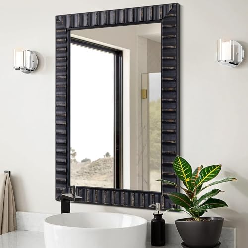 Modern Wooden Black Bathroom Mirror, Rectangular Relief Frame, Tempered Glass by AutdotWallMirrors