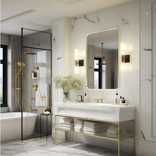 Gold Bathroom Mirror 24x30in, Metal Framed Rounded Rectangle Wall - Image 7