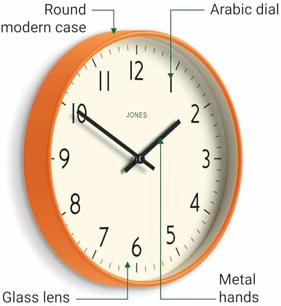 JONES CLOCKS® Studio Clock | Modern Round wall Clock | 12" | Orange - Image 5