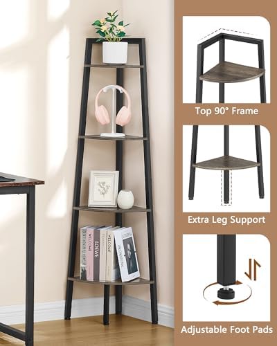 Hoctieon Corner Shelf, 4-Tier Corner Bookshelf, Rustic Ladder Shelf, Industrial - Image 3