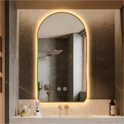 32"H x 20"W Arched LED Bathroom Mirror, Brushed Gold Framed Backlit Vanity by SIEANE