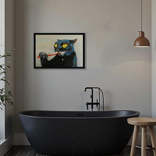 ICHZUMW Framed Funny Black Cat Bathroom Decor Canvas Wall Art, 16x24 Inches - Image 4