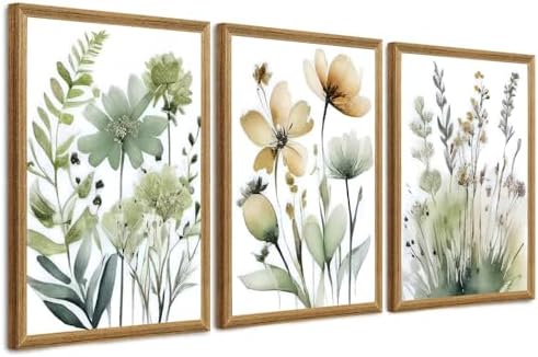 SYWENNOI Triptych Watercolor Botanical Framed Canvas Wall Art 16x24 inch x3 by SYWENNOICanvasWallArt