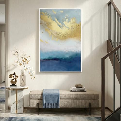 Large Framed Blue Gold Abstract Wall Art, Vertical 1 Piece 32x48 In - Image 6
