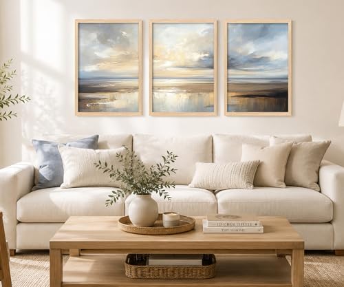 Framed Modern Abstract Coastal Oil Painting Wall Art Set of 3, 12x16 Inch - Image 2