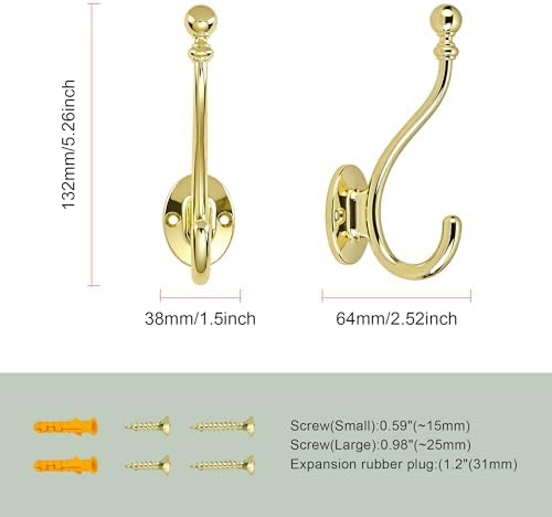 AVICCI 5 Pack Coat Hooks Polished Gold Coat Hook, Heavy Duty Hooks Decorative - Image 2