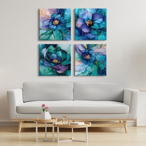 Teal Blue and Gold Canvas Wall Art Abstract Wall Decor Flowers Picture Colorful - Image 6