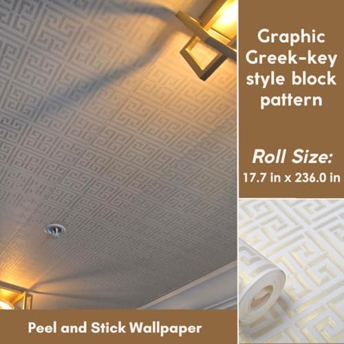 AMINAH DECO Greek Key Pattern Wallpaper 17.7"x236.0" Textured Metallic Gold on - Image 6