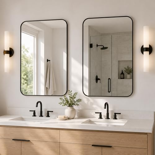 2-Pack 22x30 Inch Matte Black Rounded Rectangle Vanity Mirrors - Image 2